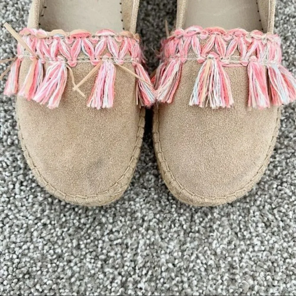 Espadrille Flats Size 38 Tan Suede Tassel Slip On Braided Boho Cottage Vacation‎
